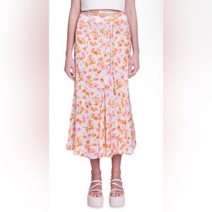 Maje Jispring Floral Printed Belted Satin Midi Skirt Size 36/ US Size 4